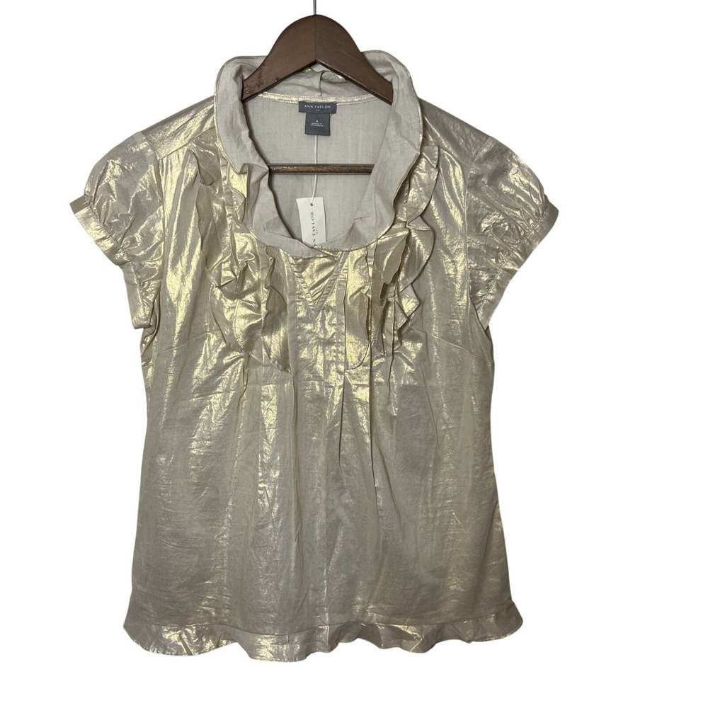NWT‎ Ann Taylor Metallic Gold Ruffle Blouse Short Sleeve Sz 0 Pleated